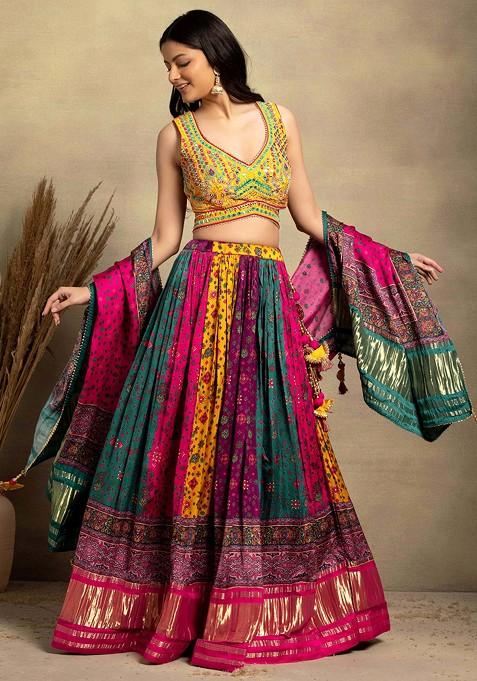 Multicolour Abstract Print Satin Lehenga Set With Embellished Blouse And Dupatta