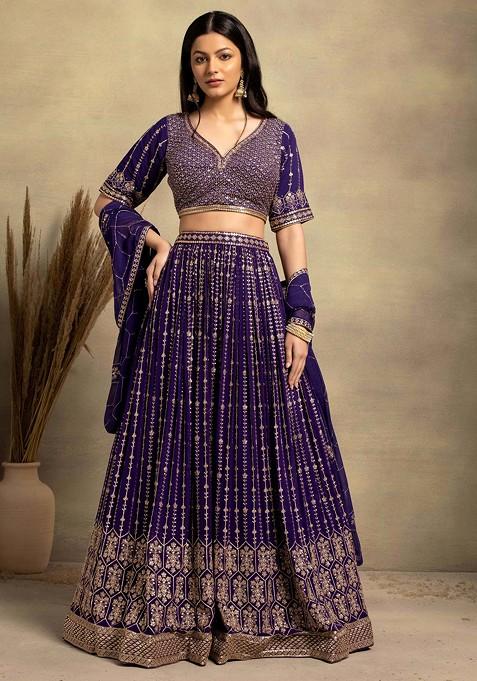 Purple Sequin Geometric Embroidered Lehenga Set With Embellished Blouse And Dupatta
