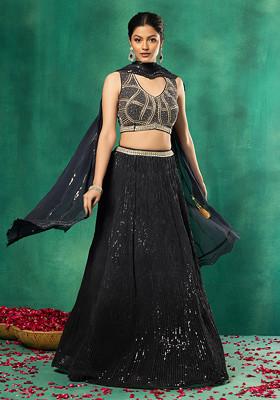 Black Tonal Sequin Embroidered Lehenga Set With White Embellished Blouse And Dupatta