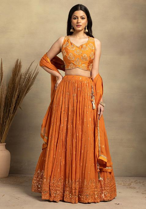 Orange Sequin Thread Embroidered Lehenga Set With Embroidered Blouse And Dupatta