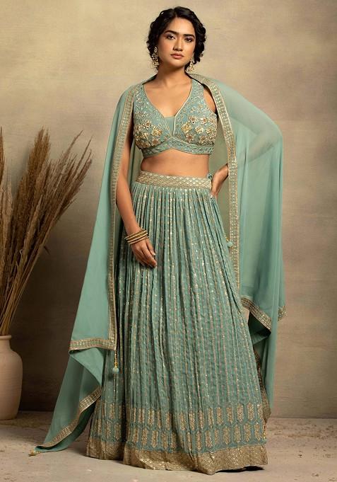 Sage Green Sequin Zari Stripe Embroidered Lehenga Set With Embellished Blouse And Dupatta