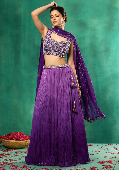 Purple Sequin Embroidered Ombre Lehenga Set With Blouse And Dupatta