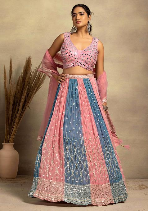 Peach And Blue Sequin Lehenga Set With Embroidered Blouse And Dupatta