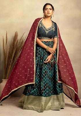 Navy Bandhani Print Lehenga Set With Embellished Blouse And Dupatta