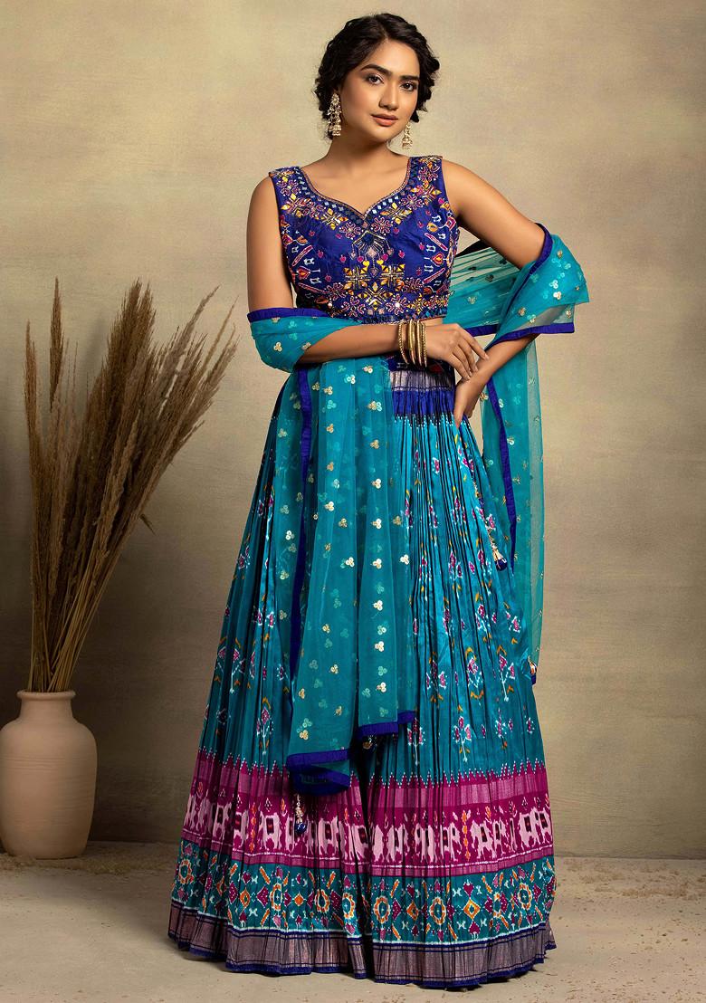 Buy Women Blue Abstract Print Lehenga Set With Mirror Embellished ...