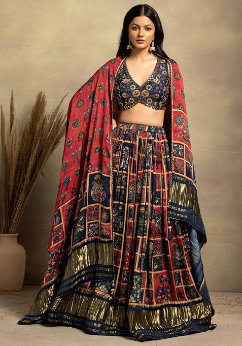 Navy Blue Abstract Print Satin Lehenga Set With Embellished Blouse And Dupatta