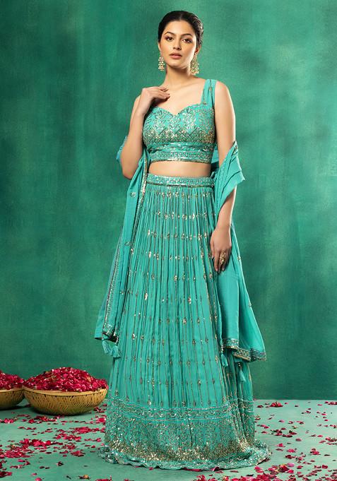 Turquoise Green Sequin Stripe Embroidered Lehenga Set With Blouse And Dupatta