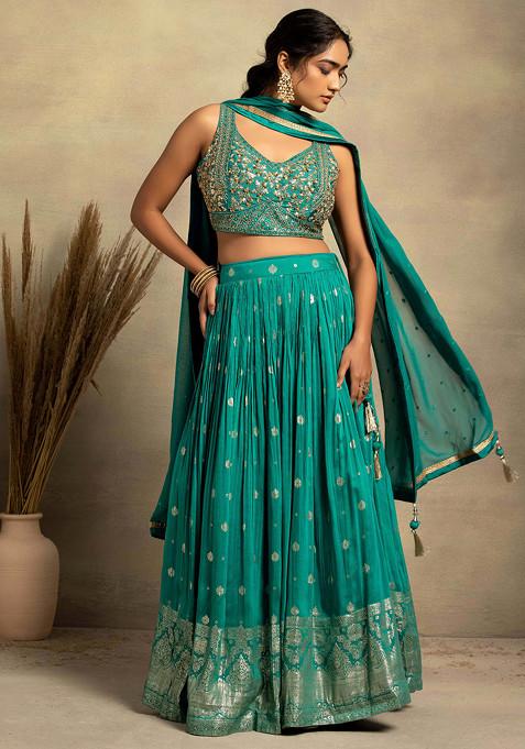 Turquoise Brocade Silk Lehenga Set With Embellished Blouse And Dupatta