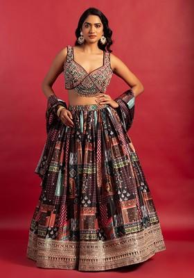 Black Abstract Print Satin Lehenga Set With Embellished Blouse And Dupatta