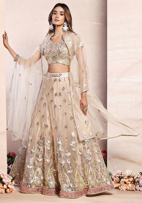 Beige Gota Patti Mirror Embroidered Lehenga Set With Embroidered Blouse And Dupatta