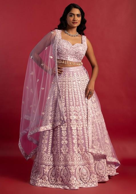 Lilac Floral Thread Embroidered Lehenga Set With Embellished Blouse And Dupatta