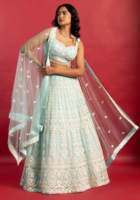 Powder Blue Floral Thread Embroidered Lehenga Set With Embellished Blouse And Dupatta