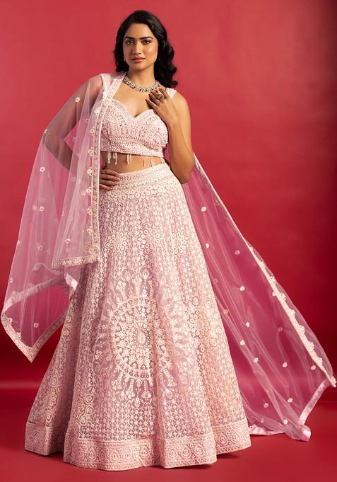 Lilac Sequin Thread Embroidered Mesh Lehenga Set With Embellished Blouse And Dupatta