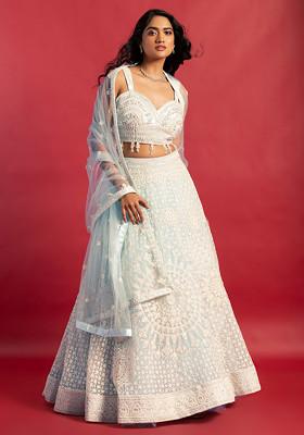 Powder Blue Sequin Thread Embroidered Mesh Lehenga Set With Embellished Blouse And Dupatta