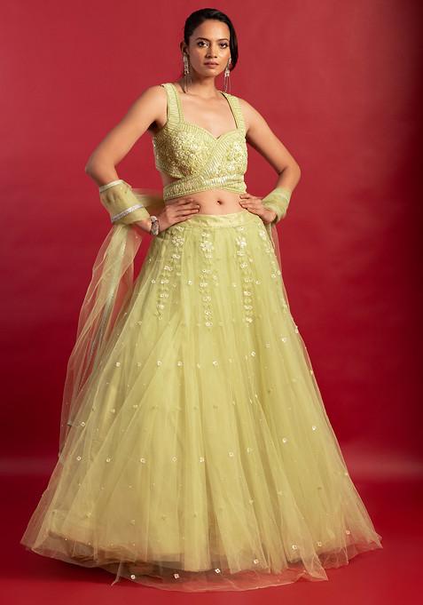 Pastel Green Floral Bead Embroidered Lehenga Set With Embellished Blouse And Dupatta