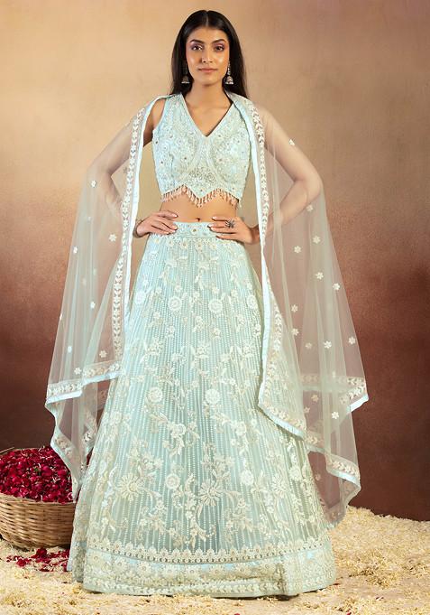 Powder Blue Floral Sequin Thread Embroidered Lehenga Set With Embellished Blouse And Dupatta
