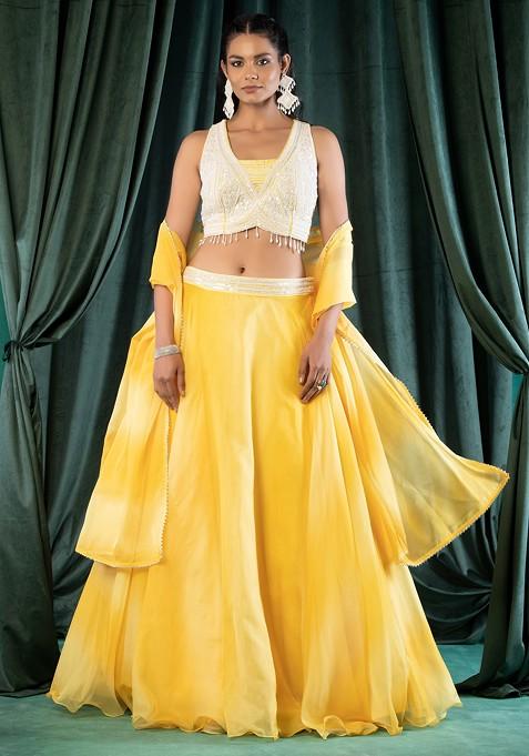 Yellow Lehenga with Top and Embroidered Cape – Swati Vijaivargie