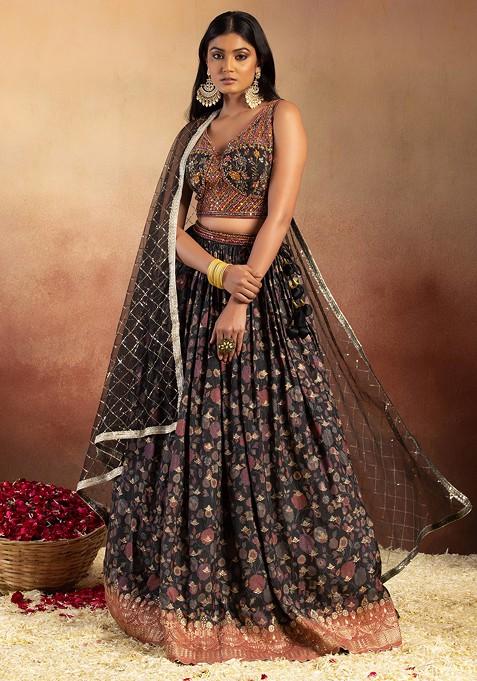 Navy Blue Floral Print Brocade Lehenga Set With Mirror Embellished Blouse And Dupatta