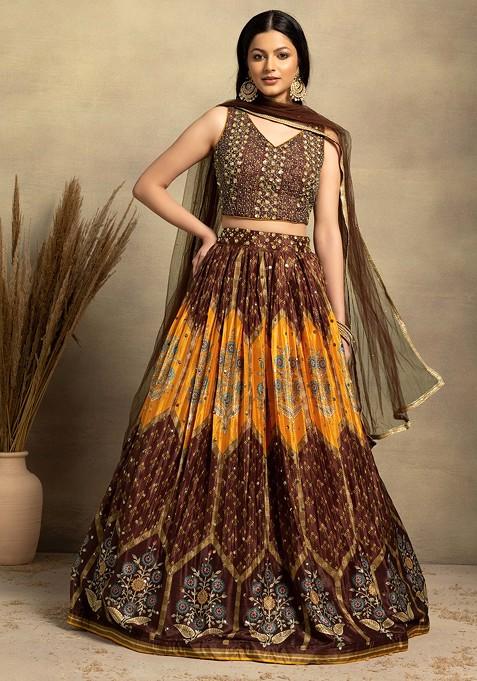 Brown Floral Print Lehenga Set With Hand Embellished Blouse And Dupatta