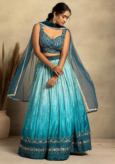 Blue Boota Embroidered Ombre Lehenga Set With Hand Embellished Blouse And Dupatta