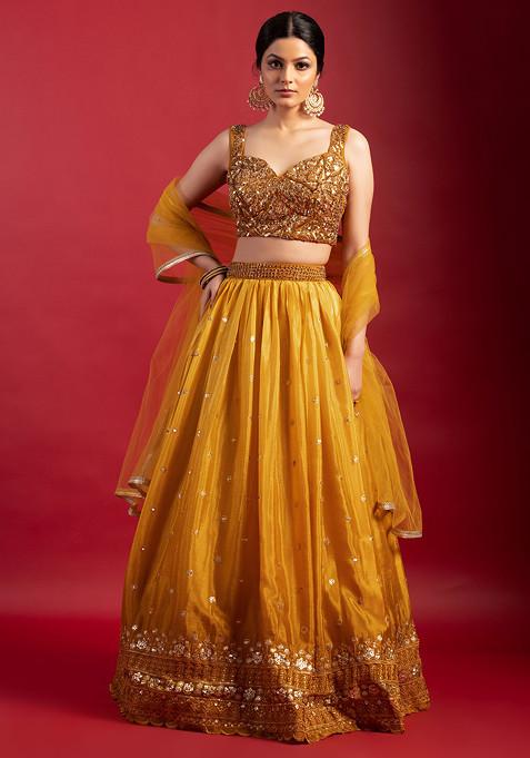 Yellow Boota Embroidered Ombre Lehenga Set With Hand Embellished Blouse And Dupatta