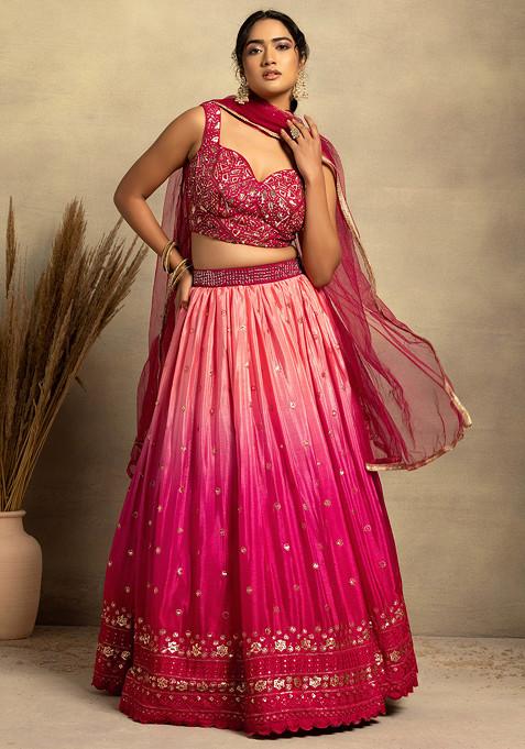 Pink Boota Embroidered Ombre Lehenga Set With Hand Embellished Blouse And Dupatta
