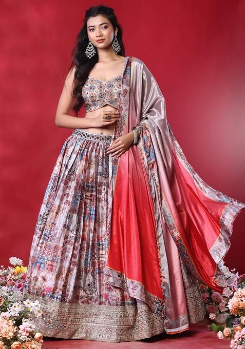 Beige Abstract Print Satin Lehenga Set With Sequin Embellished Blouse And Dupatta