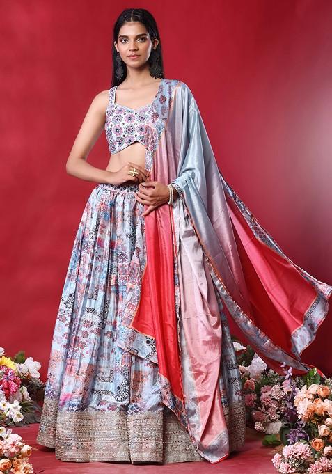Pastel Blue Abstract Print Satin Lehenga Set With Sequin Embellished Blouse And Dupatta
