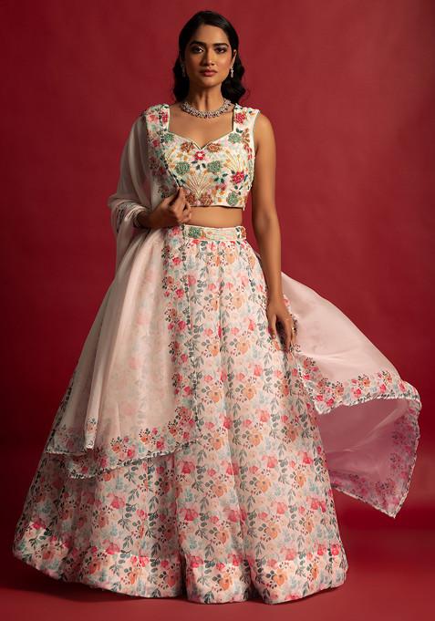 White Floral Print Organza Lehenga Set With Embellished Blouse And Dupatta