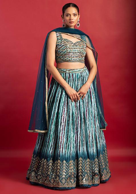 Blue Sequin Embroidered Printed Lehenga Set With Embellished Blouse And Dupatta