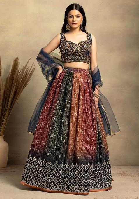 Blue Multicolour Sequin Embroidered Lehenga Set With Embellished Blouse And Dupatta