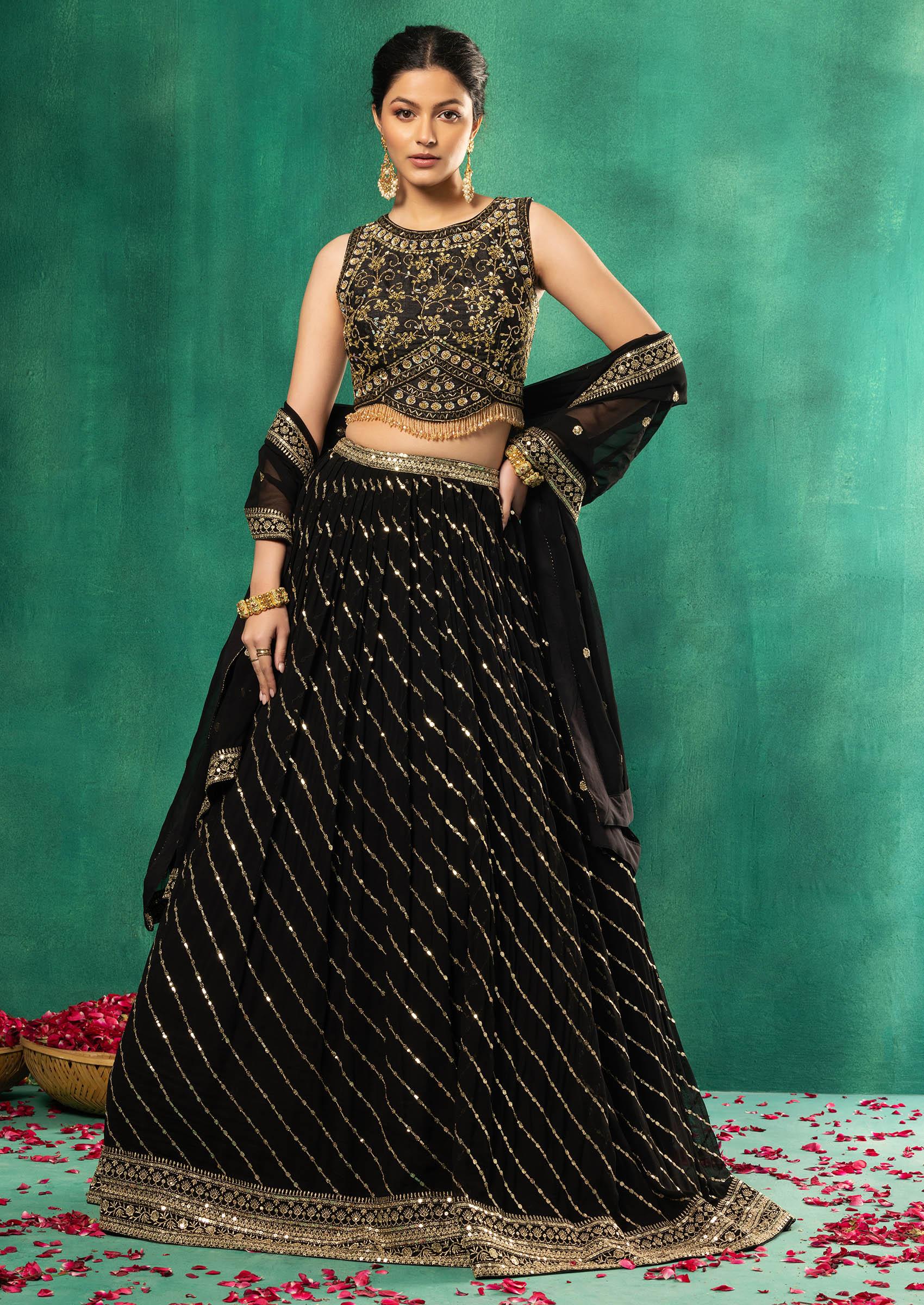 Black Reyon Lehenga with Gotta Patti Work & Blouse with Real Mirror Work &  Maslin Crochet Printed Dupatta Set - Lotus Lehenga Choli