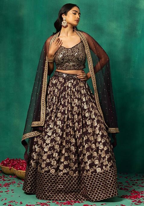 Wine Foil Print Brocade Lehenga Set With Embroidered Blouse And Dupatta