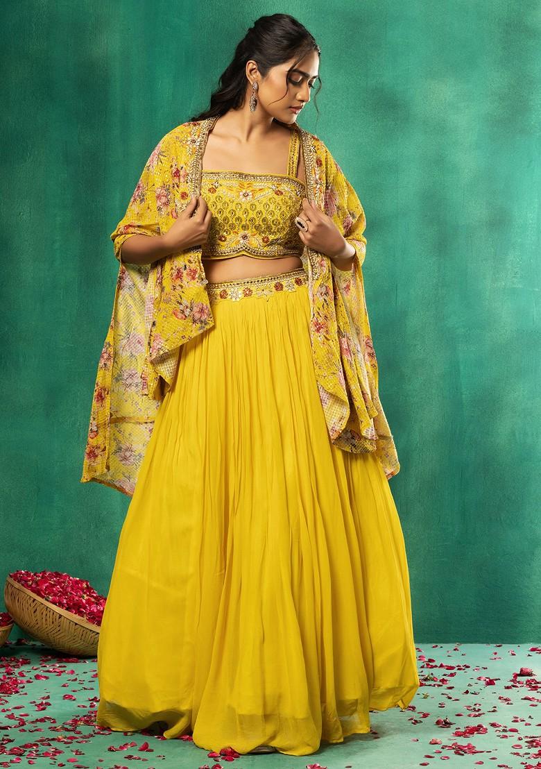 Yellow tinted green lehenga with all-over floral motif thread work. |  Indian fashion dresses, Lehenga designs, Cape lehenga