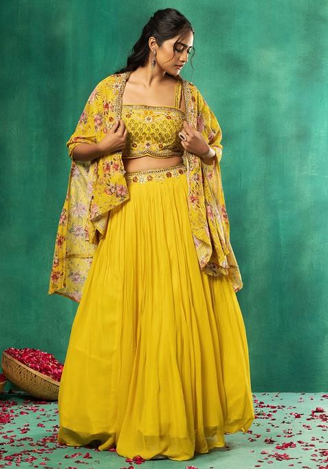 Yellow Lehenga Set With Embellished Silk Blouse And Floral Print Jacket