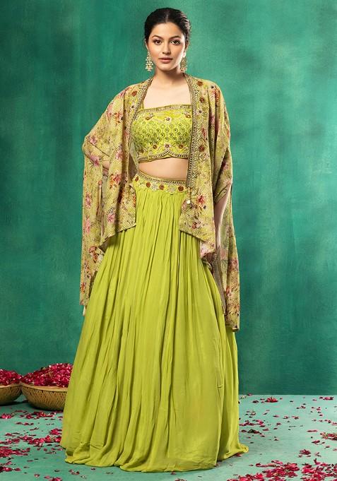 Green Lehenga Set With Embellished Silk Blouse And Floral Print Jacket