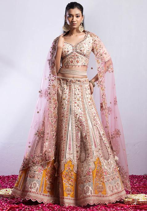Ivory Multicolour Floral Embroidered Silk Lehenga And Blouse Set With Dupatta And Belt