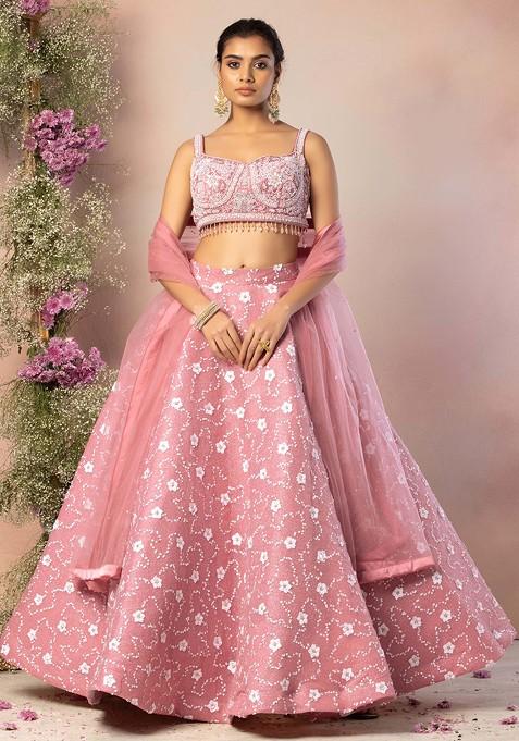 Dull Pink Floral Sequin Embroidered Lehenga Set With Embellished Blouse And Dupatta