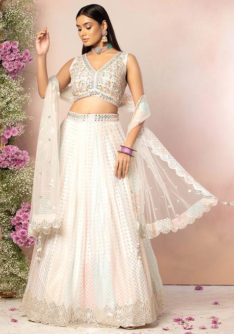 Ivory Multicolour Sequin Embroidered Lehenga Set With Mirror Embroidered Blouse And Dupatta