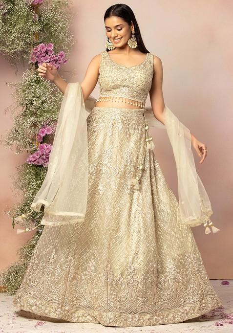 Ivory Abstract Sequin Embroidered Lehenga Set With Pearl Embellished Blouse And Dupatta