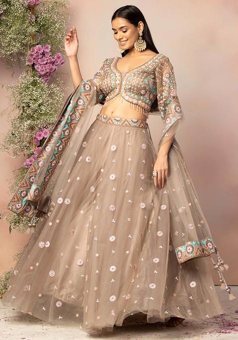 Light Brown Floral Boota Embroidered Lehenga Set With Embroidered Blouse And Dupatta
