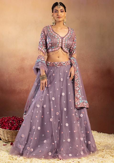 Mauve Floral Boota Embroidered Lehenga Set With Embroidered Blouse And Dupatta