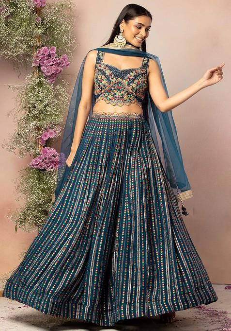 Teal Blue Striped Brocade Lehenga Set With Floral Embroidered Blouse And Dupatta