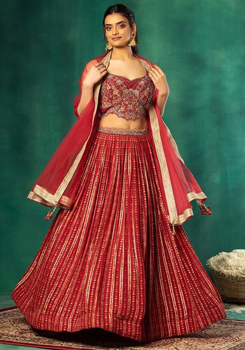 Red Striped Brocade Lehenga Set With Floral Embroidered Blouse And Dupatta