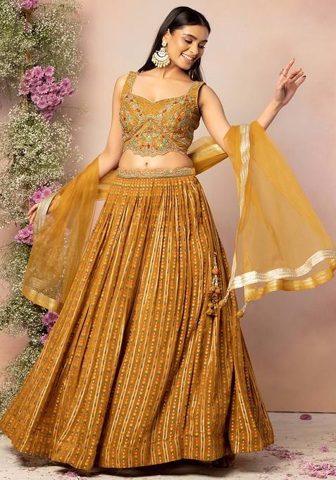 Mustard Striped Brocade Lehenga Set With Floral Embroidered Blouse And Dupatta
