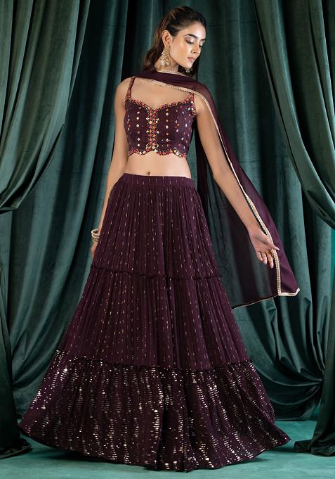 Dark Purple Sequin Embroidered Tiered Lehenga Set With Embellished Blouse And Dupatta