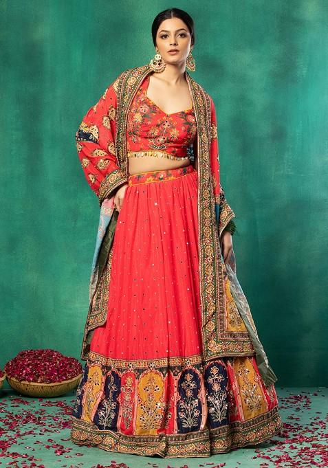 Berry Pink Mirror Embellished Lehenga Set With Floral Print Blouse And Dupatta