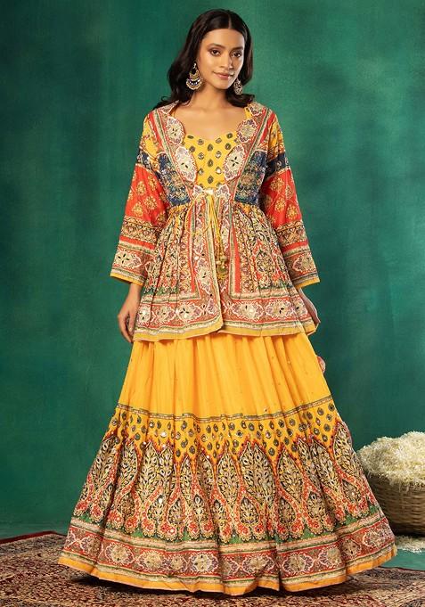 Yellow Multicolour Abstract Print Lehenga Set With Mirror Embroidered Blouse And Jacket