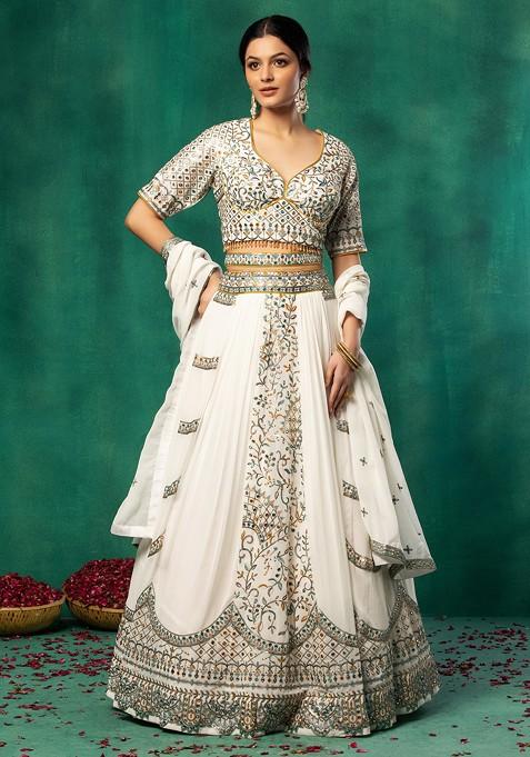 Ivory Floral Mirror Embroidered Lehenga And Blouse Set With Dupatta And Belt