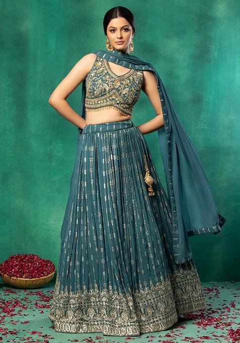 Blue Zari Stripe Embroidered Lehenga Set With Floral Embroidered Blouse And Dupatta